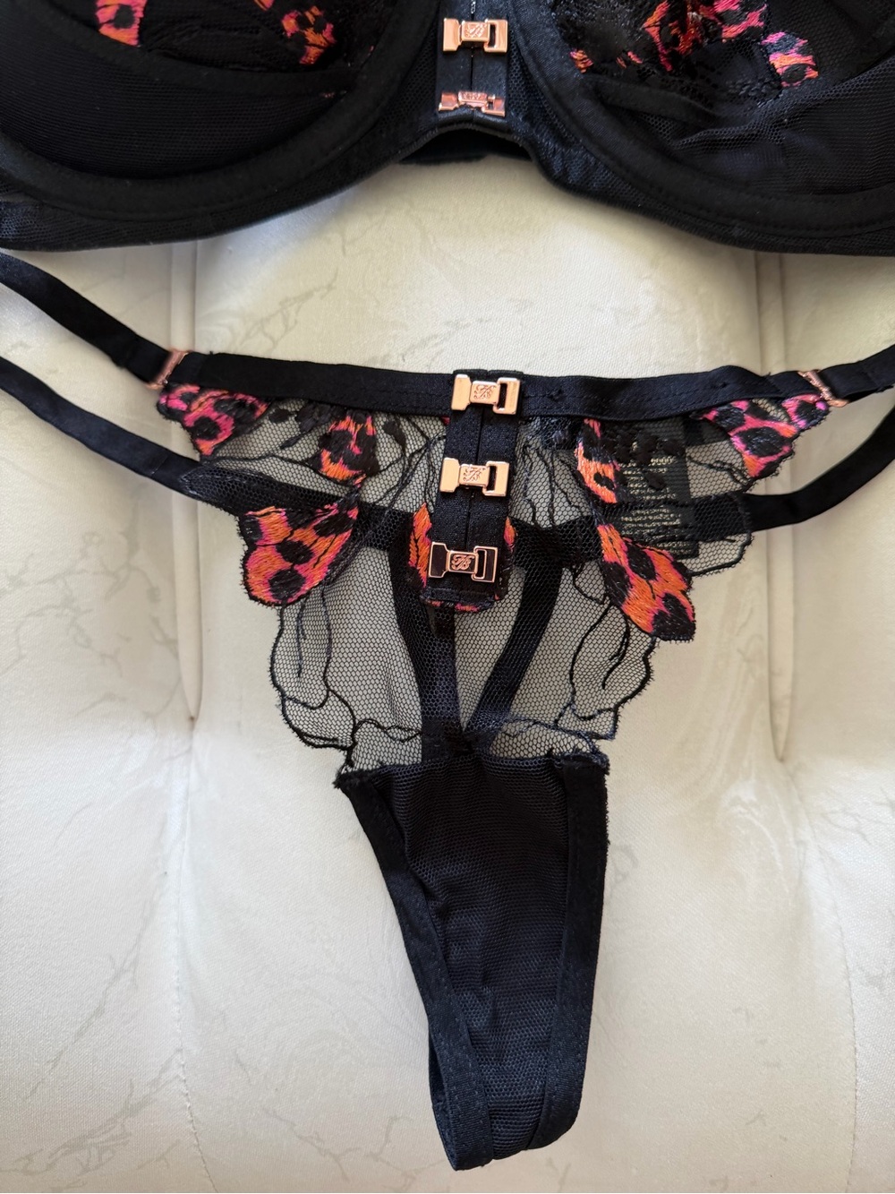 Honey Birdette Black Sheer Mesh Bra & Thong with Pink and Orange Embroidery - Picture 2 of 13